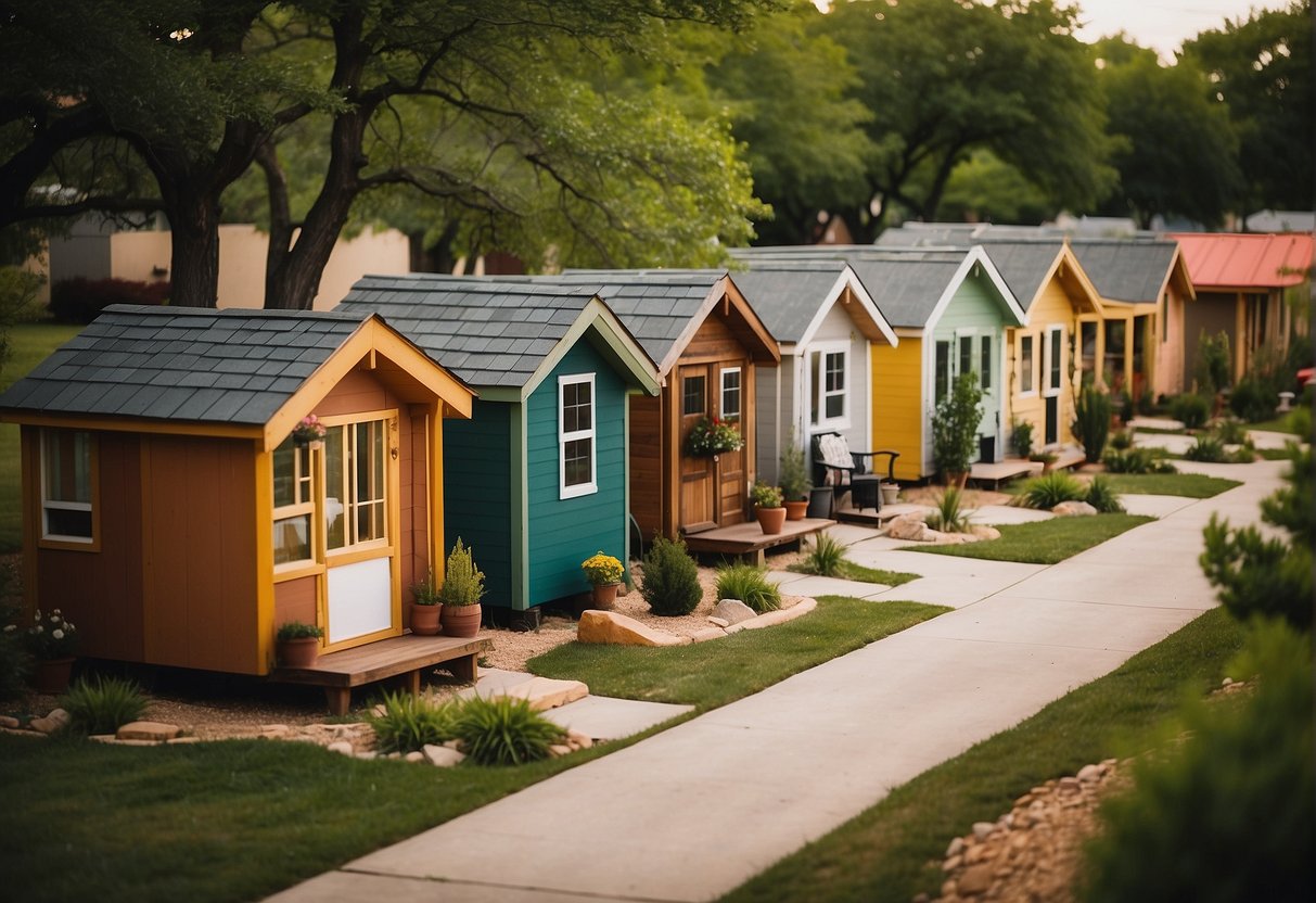 A cluster of tiny homes nestled among trees in a vibrant community in Fort Worth, Texas. Each home is unique, with colorful exteriors and cozy front porches