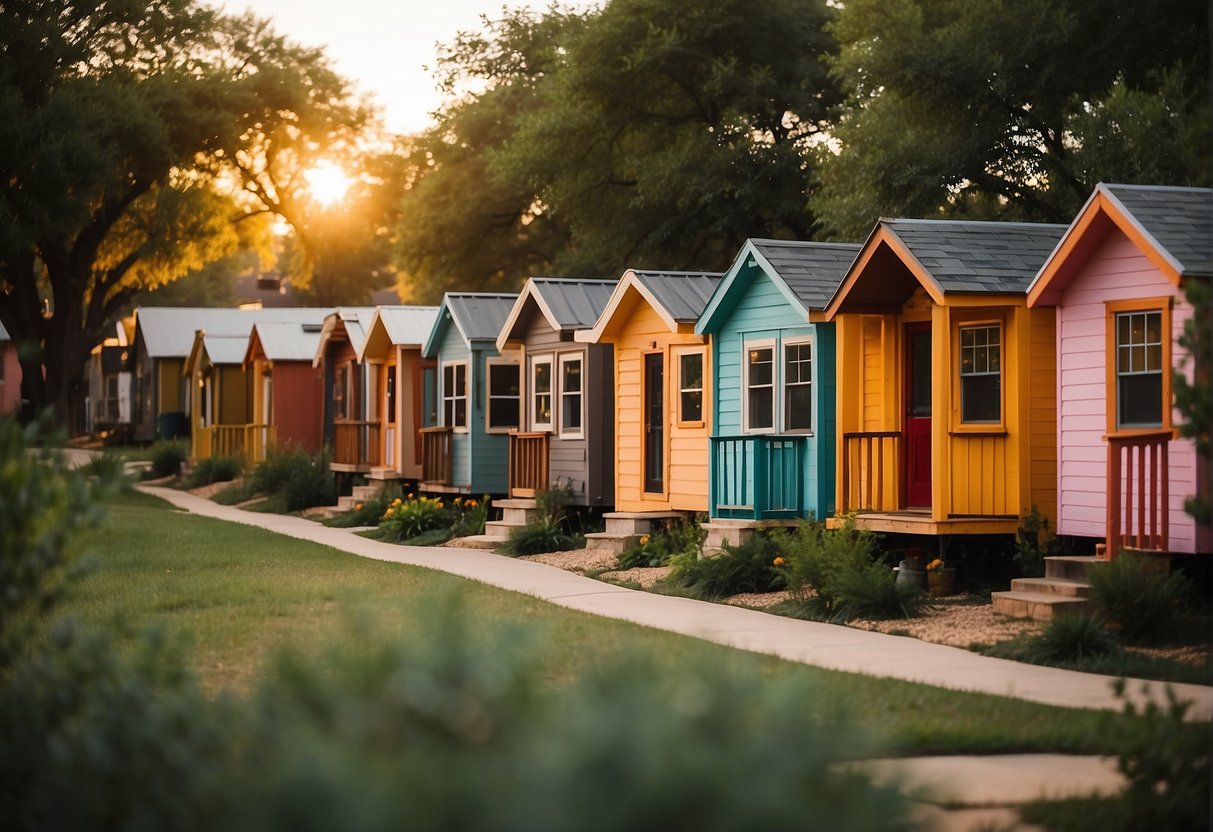 A cluster of colorful tiny homes nestled among trees in a vibrant community in Fort Worth, Texas. The sun sets behind the small, cozy dwellings, casting a warm glow over the peaceful neighborhood