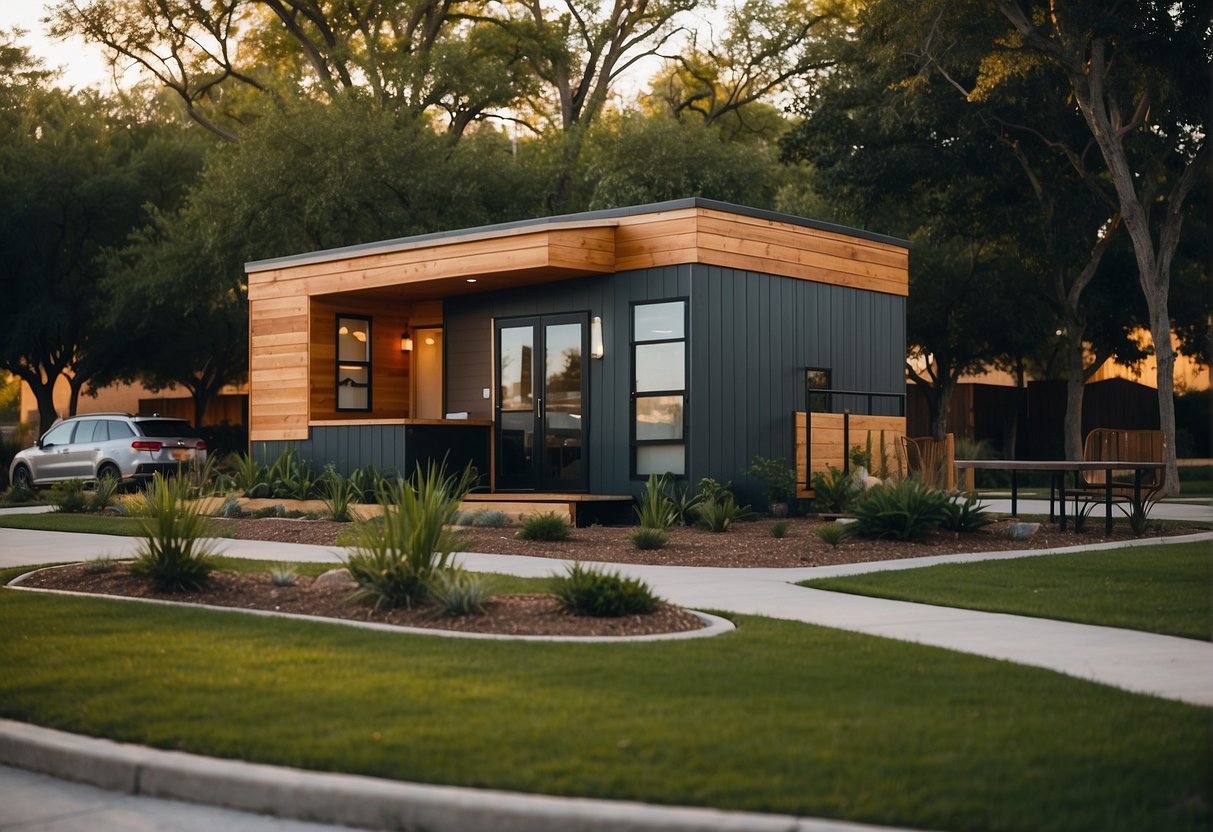 A bustling tiny home community in Fort Worth, Texas, with modern amenities, green spaces, and a vibrant social atmosphere