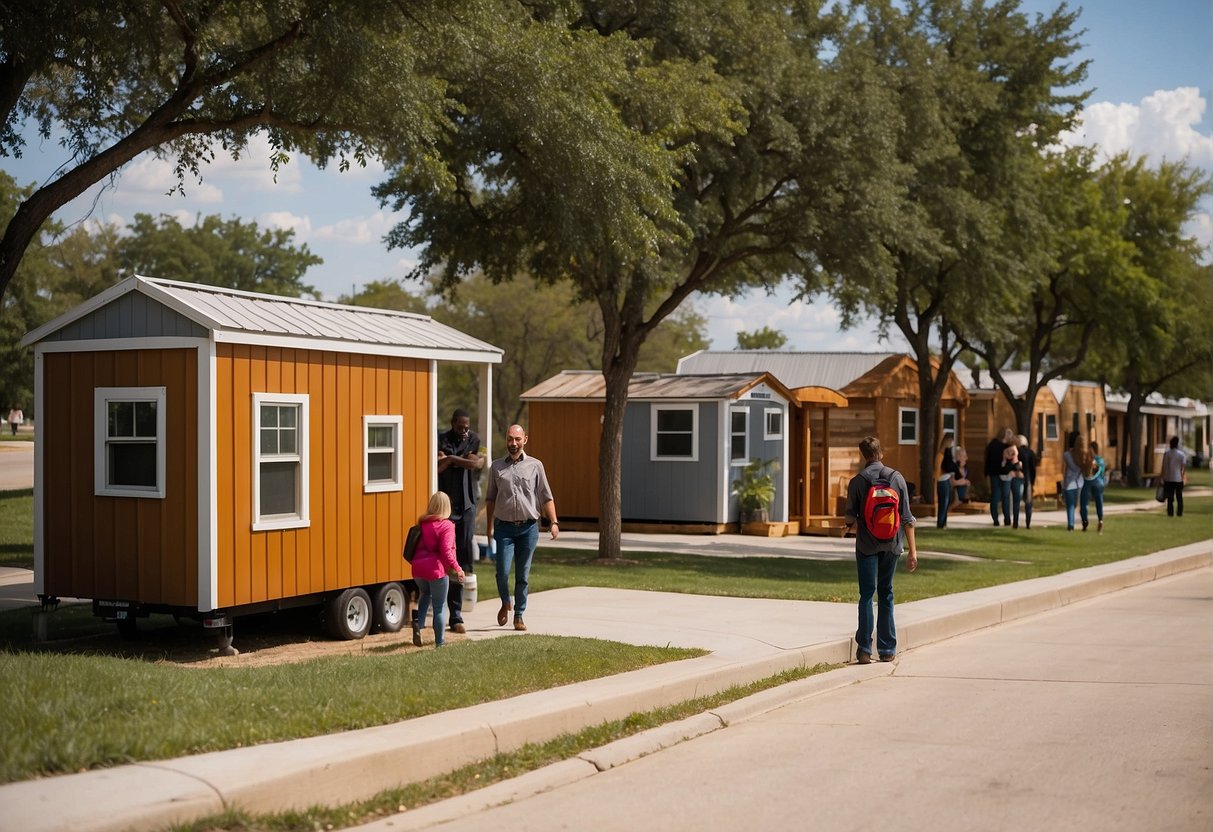 People exploring tiny homes in Fort Worth, Texas. Signs advertise buying and renting options in a community setting. Trees and a community center in the background