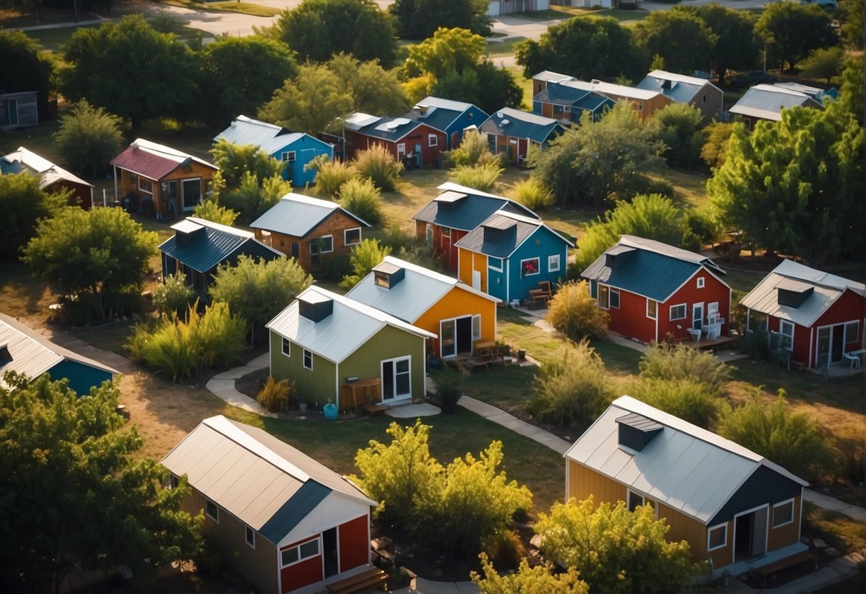 Aerial view of colorful tiny homes clustered in a community in Fort Worth, Texas. Trees and communal spaces surround the homes, with residents engaging in various activities