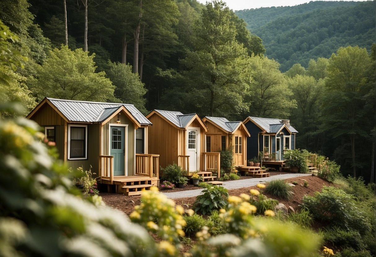 A cluster of cozy tiny homes nestled among the lush green mountains of Franklin, NC. Each home is uniquely designed and surrounded by vibrant gardens and community gathering spaces