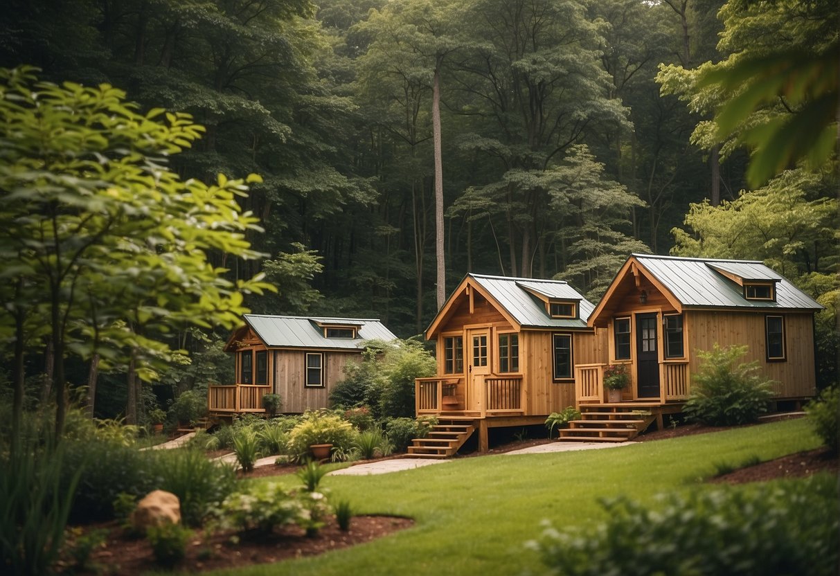 A cluster of tiny homes nestled in a lush, wooded area in Franklin, NC. Each home is uniquely designed and surrounded by vibrant gardens and communal gathering spaces