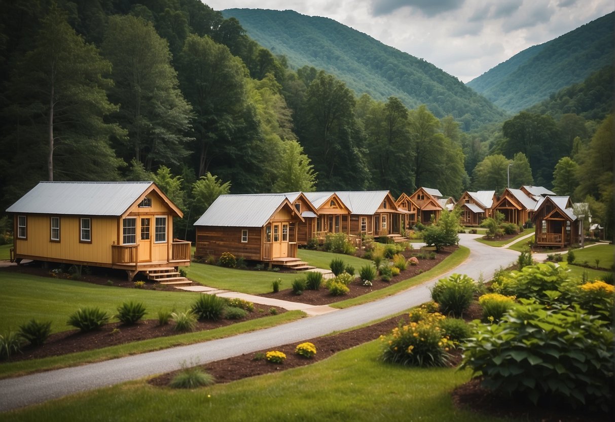 A cluster of tiny homes nestled among lush green mountains in Franklin, NC. Community center, gardens, and winding pathways create a cozy, welcoming atmosphere