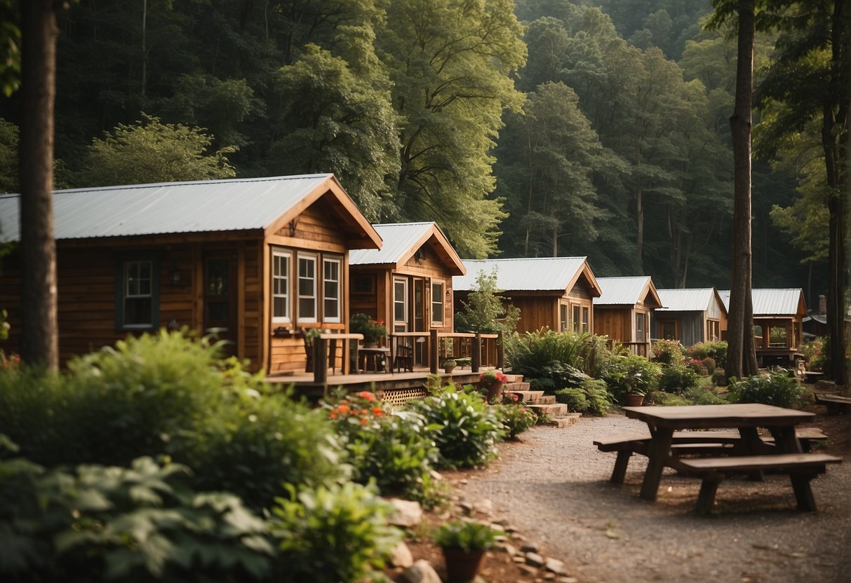 The tiny home community in Franklin, NC features quaint cabins, lush greenery, communal gathering areas, and a peaceful mountain backdrop