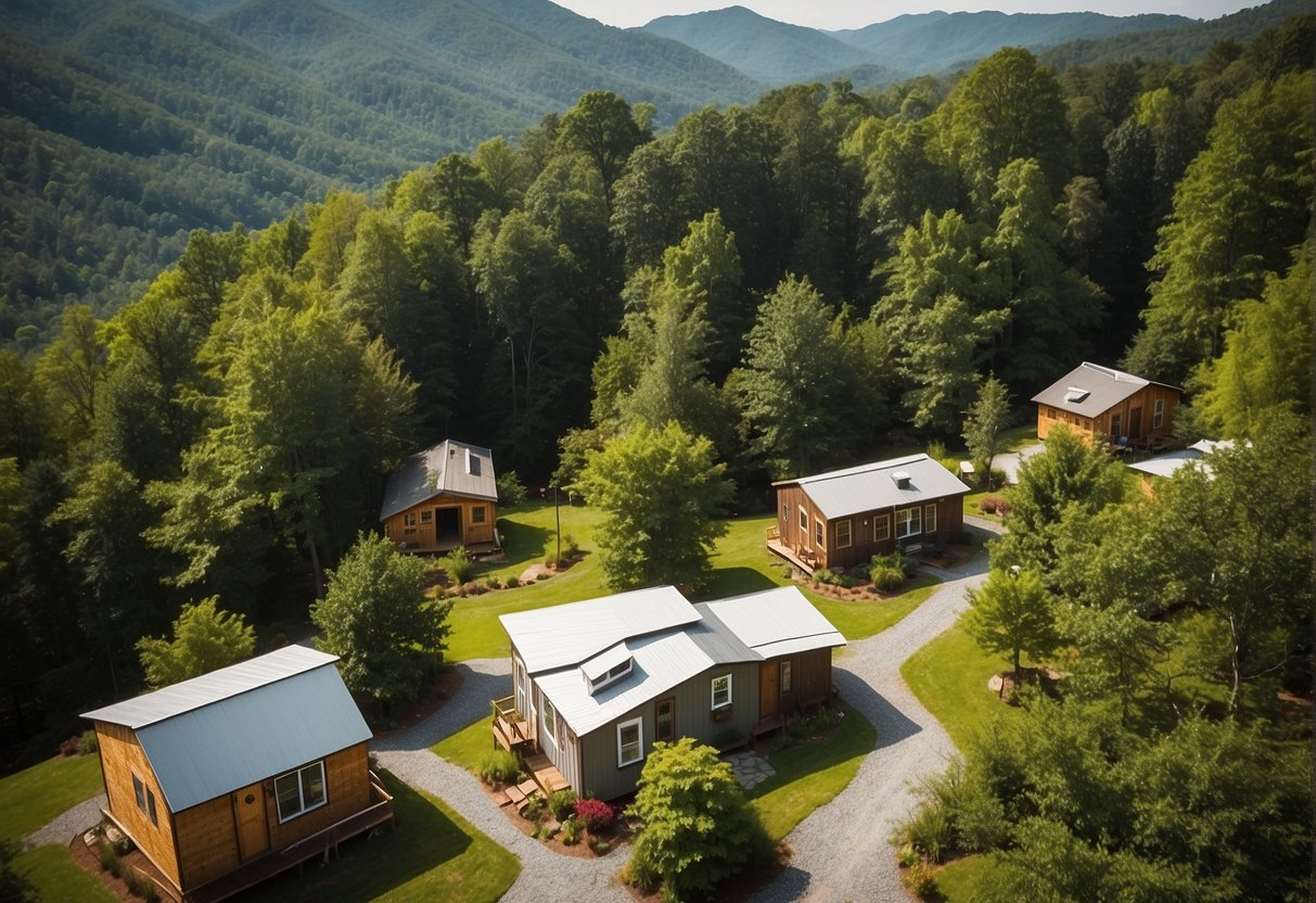 Aerial view of tiny homes nestled in the lush mountains of Franklin, NC. Community spaces and walking paths connect the compact, sustainable dwellings