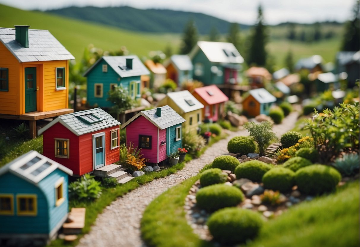 A cluster of colorful tiny homes nestled in a lush green landscape, with winding pathways and communal gathering areas