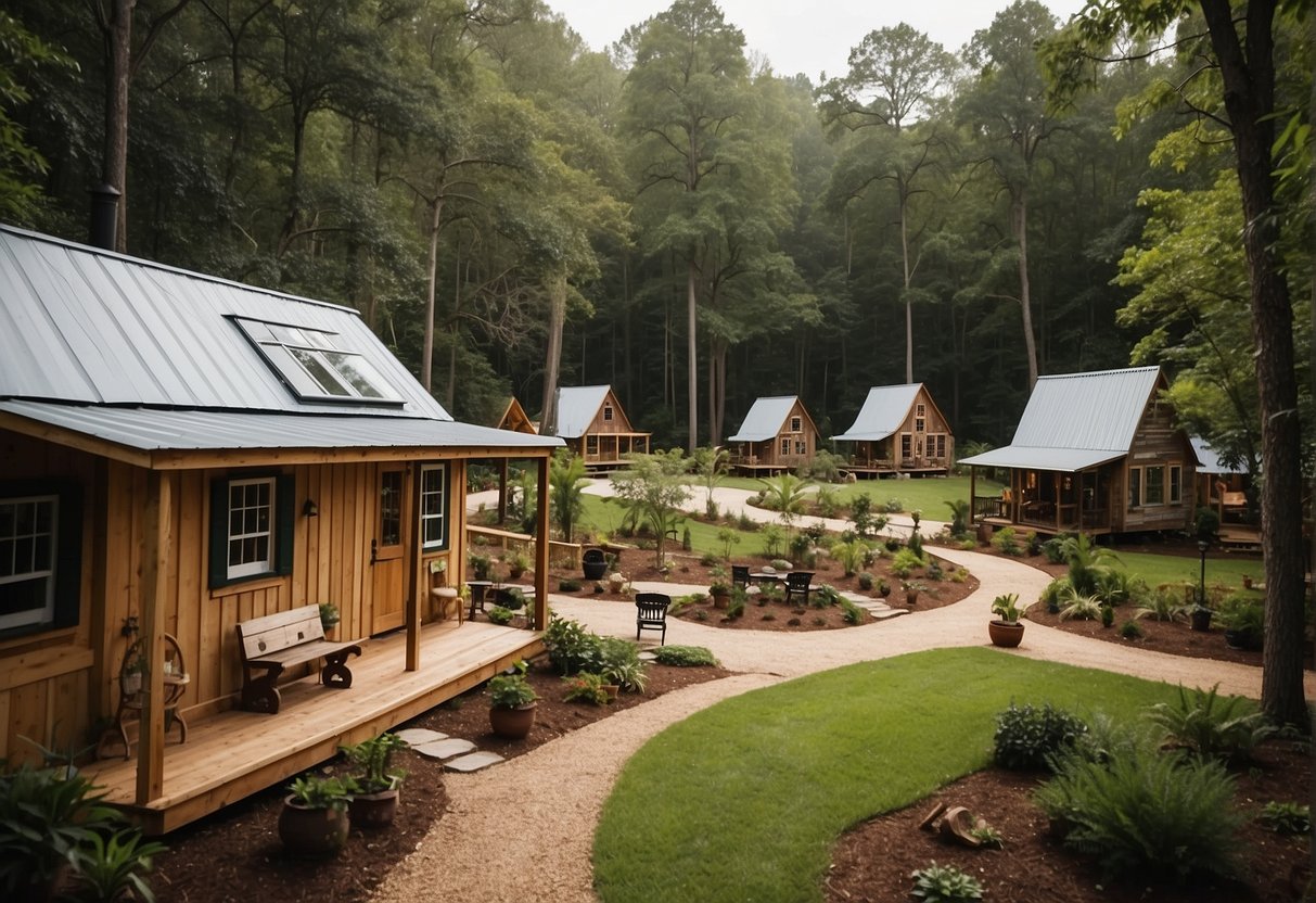 People wander among quaint tiny homes in a Georgia community. Rustic cabins sit nestled in lush greenery, with winding paths and communal areas