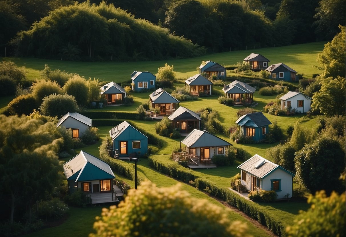 A spotlight shines on a cluster of tiny houses nestled within a lush green landscape, with winding pathways and communal spaces