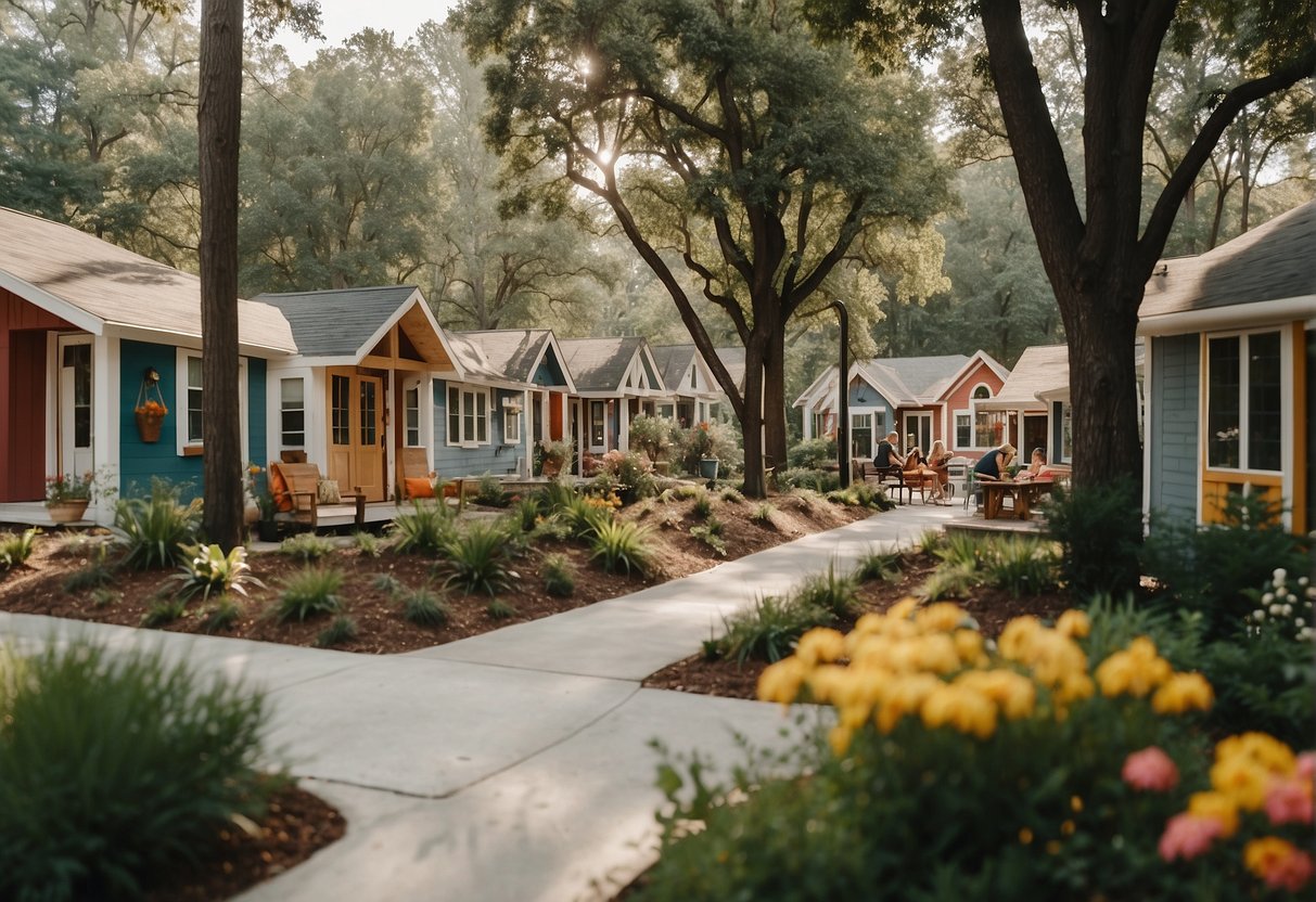 A bustling tiny home community in GA, with colorful houses, communal gardens, and residents chatting outside