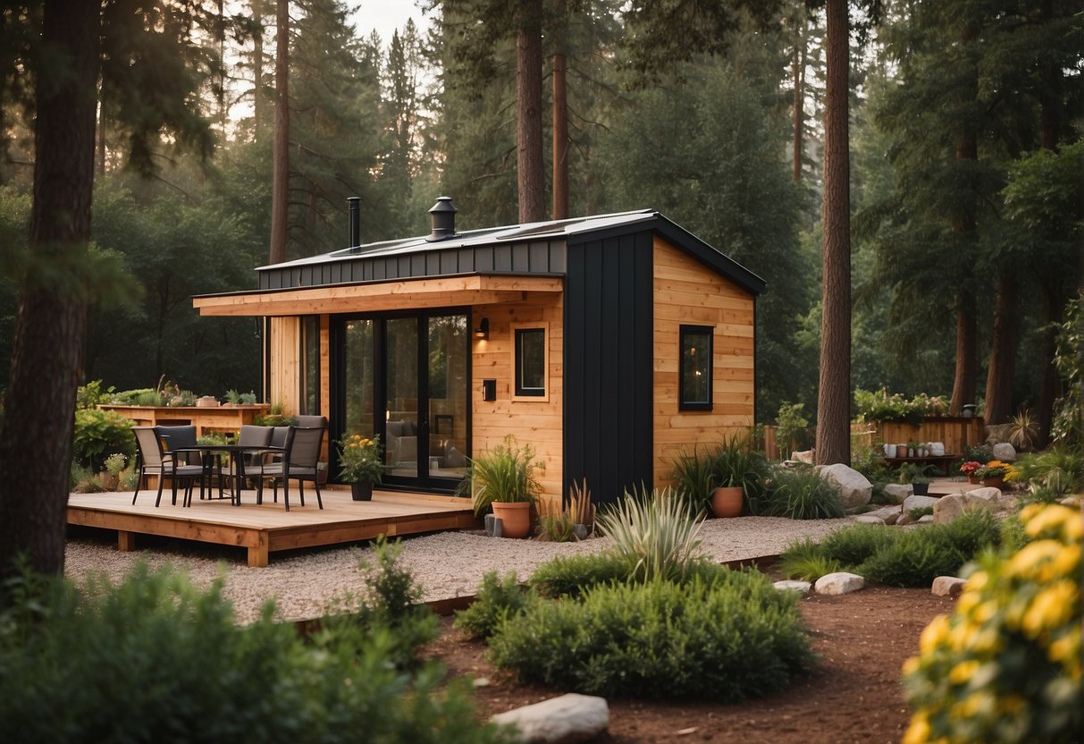 Tiny homes nestled among trees, with communal gardens and shared spaces. A sense of community and sustainability, with solar panels and rainwater collection