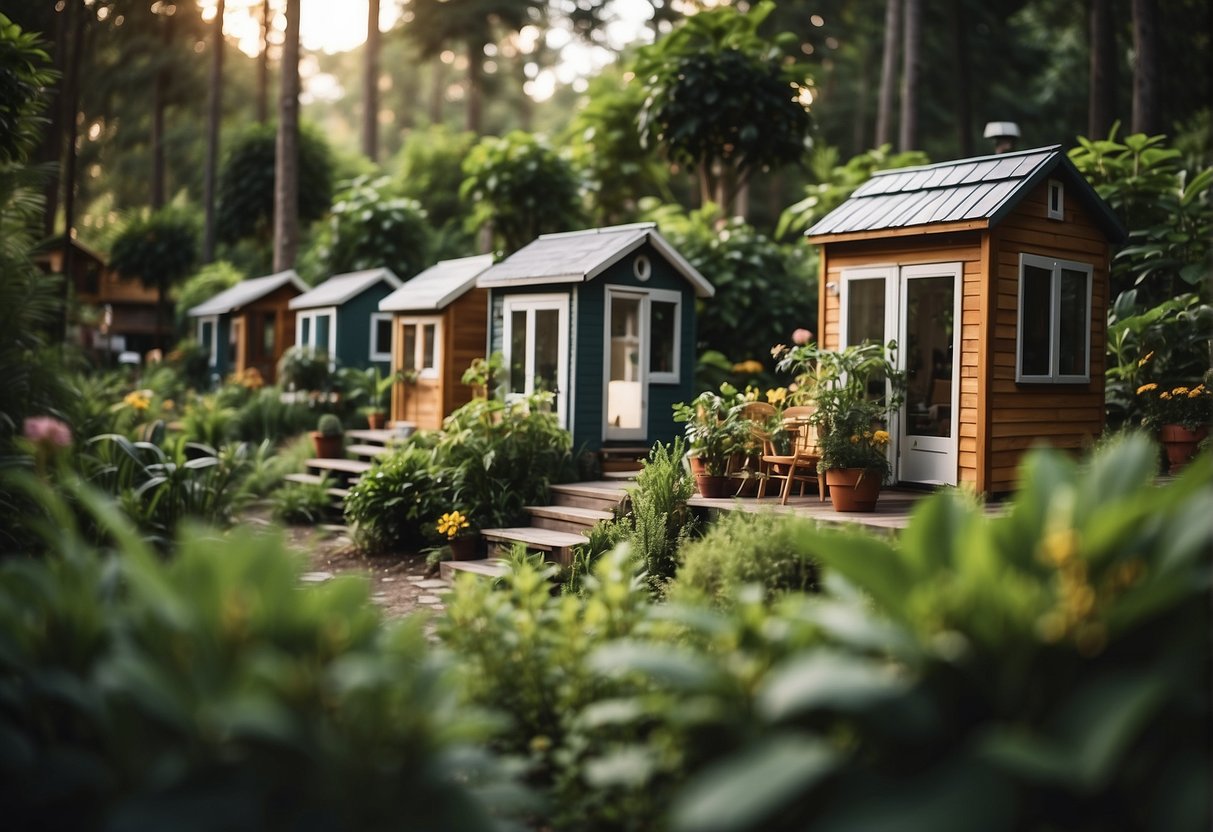 A cluster of tiny homes nestled among lush greenery, with communal spaces and a sense of community