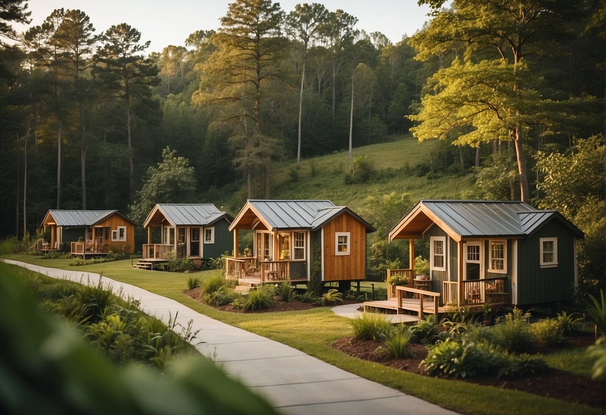 A cluster of tiny homes nestled in a lush, green landscape in Georgia, with winding pathways and communal areas for residents to gather