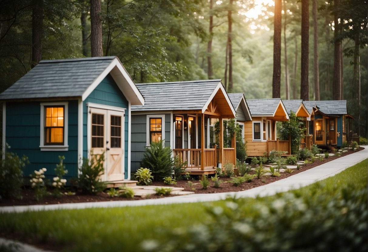 A cluster of tiny homes nestled among lush trees in a serene Georgia community. Each home is uniquely designed, with colorful exteriors and cozy outdoor spaces