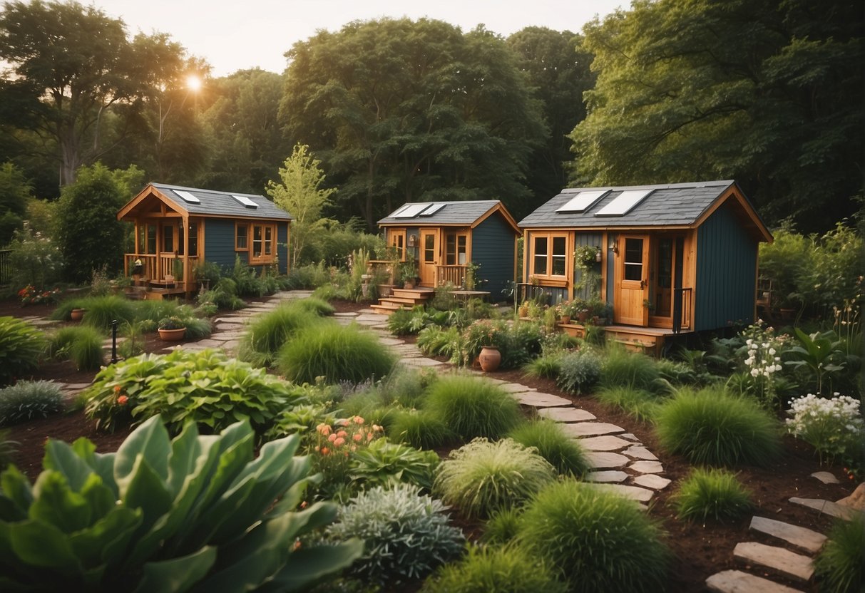 A cluster of tiny homes surrounded by lush greenery, with communal spaces for socializing, gardening, and outdoor activities