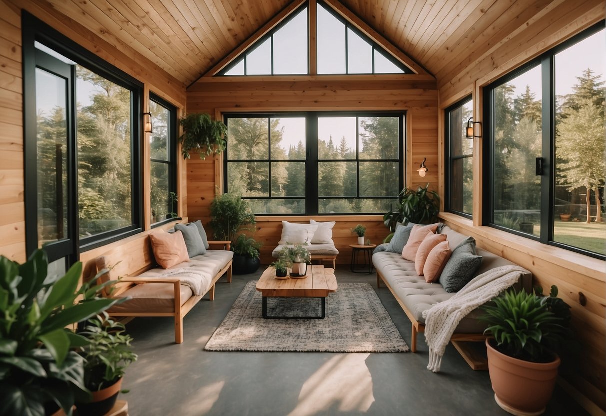 Tiny homes nestled in lush green landscapes, with communal gardens and shared amenities. Residents socialize in outdoor spaces, enjoying the cost savings and simplicity of small home living