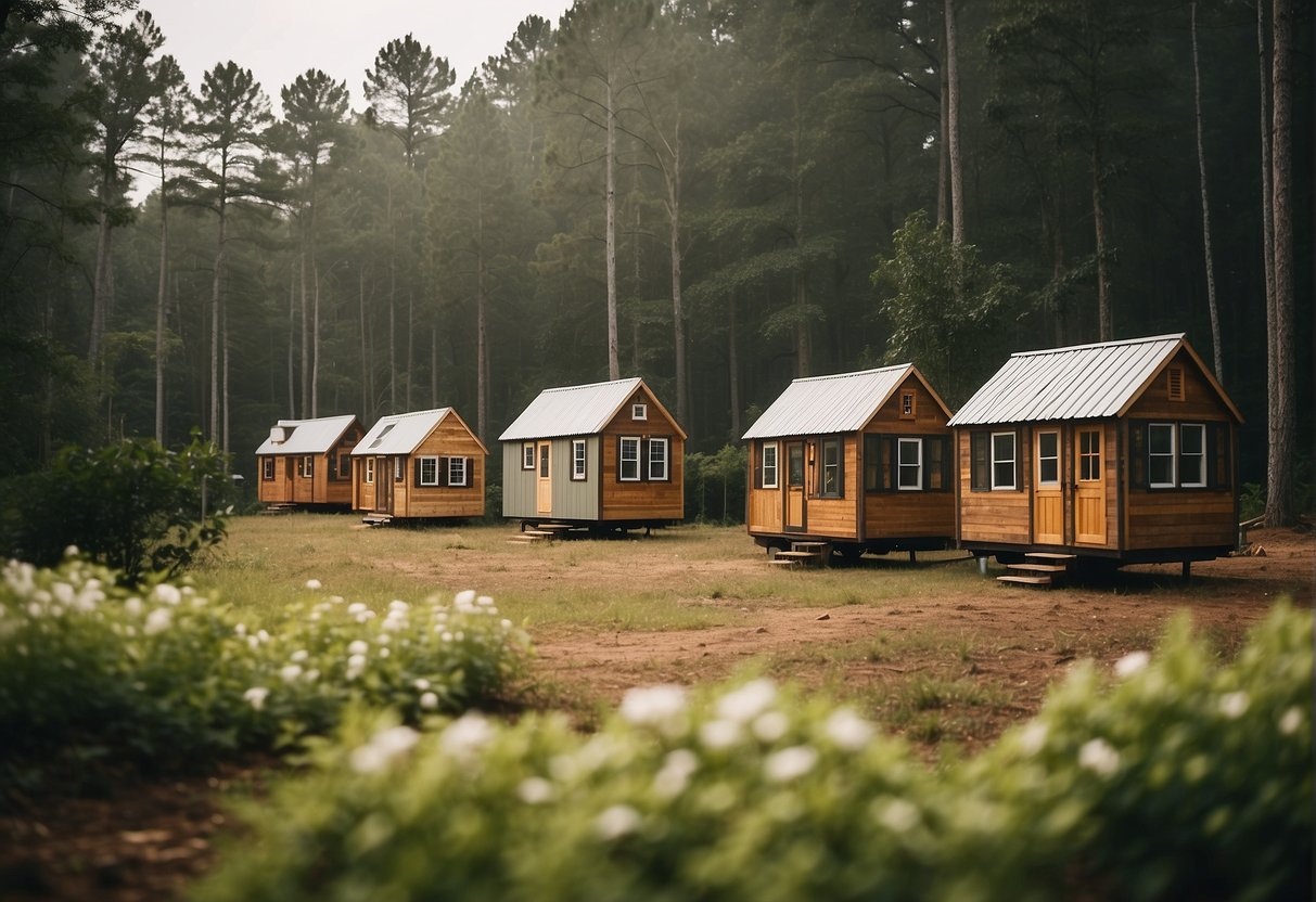 A group of tiny homes nestled within a lush Georgia landscape, with clear signage indicating legal regulations and building codes for the community