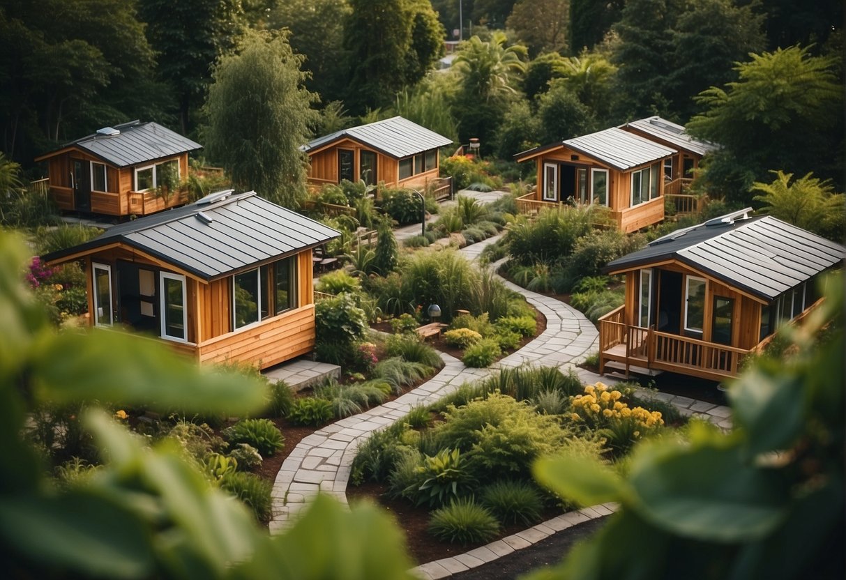 A cluster of tiny homes nestled among lush greenery, with communal areas and walking paths, showcasing a sense of community and sustainability