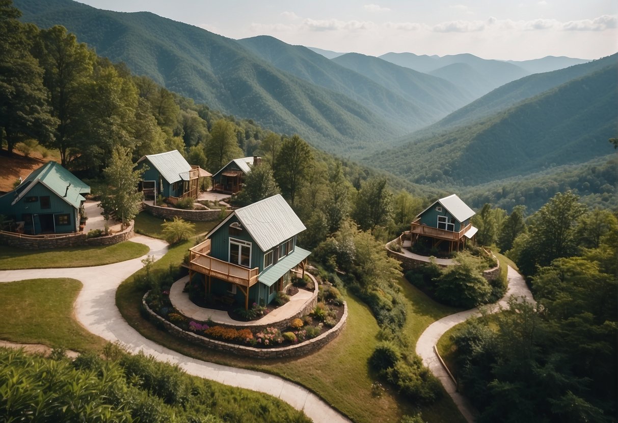 Tiny homes nestled among lush Georgia mountains, with winding paths and communal spaces