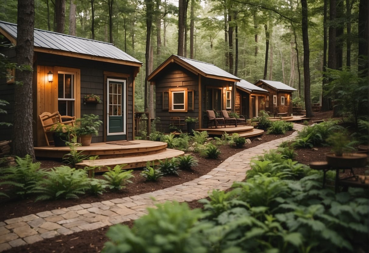 Mountain Tiny Home Communities in Georgia feature cozy cabins nestled among lush greenery, with winding pathways and communal gathering spaces