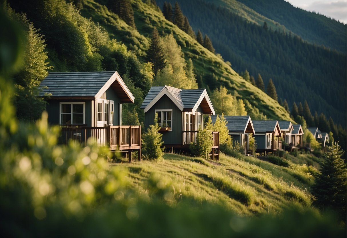 Lush green mountains surround clusters of tiny homes, nestled among tall trees and rolling hills. A sense of community and tranquility emanates from the cozy dwellings