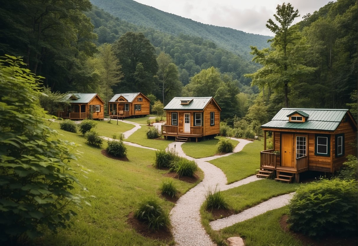 A cluster of tiny homes nestled in the lush green mountains of Georgia, with winding pathways and communal spaces for residents to gather and socialize