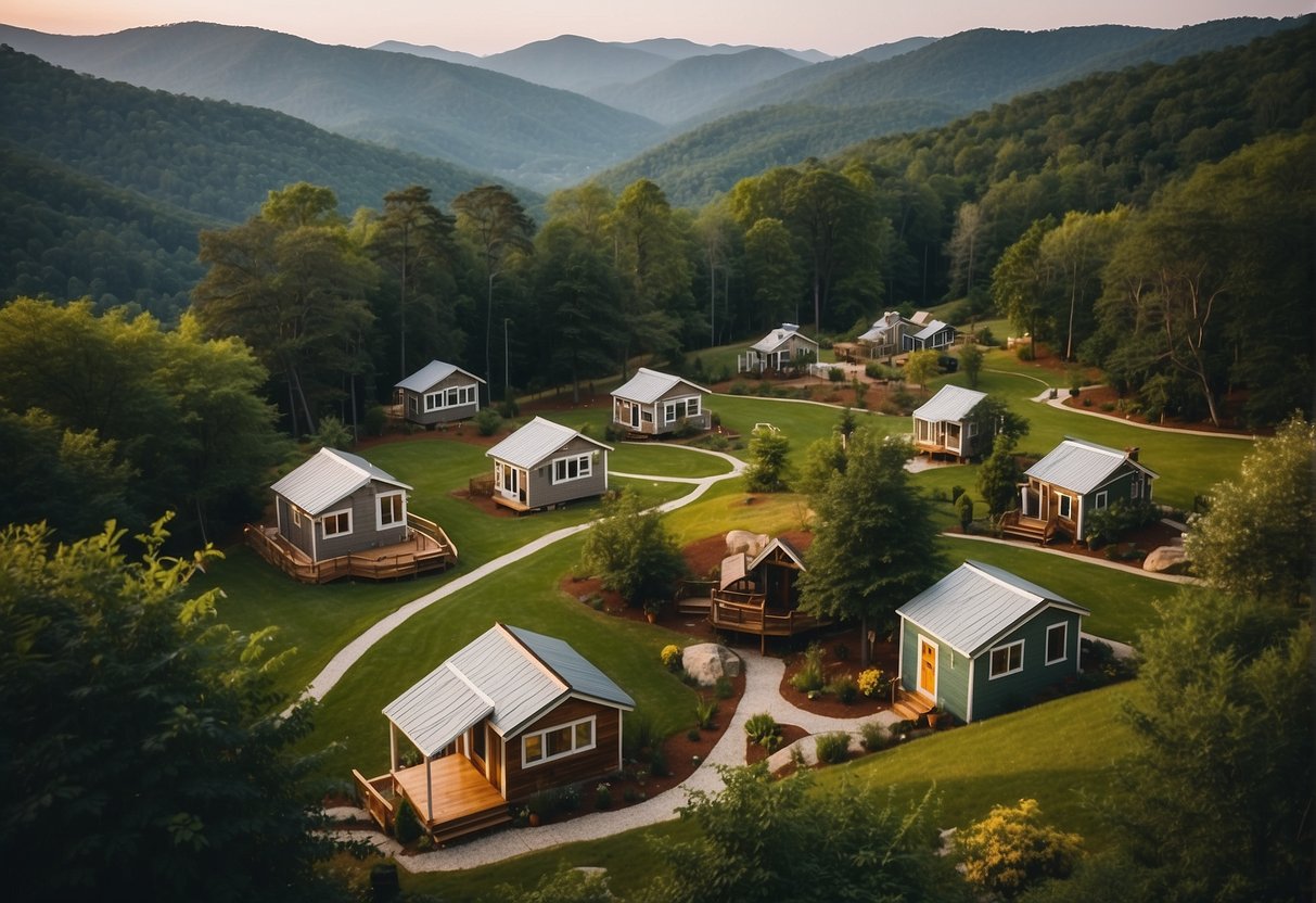 A cluster of tiny homes nestled in the rolling Georgia mountains, surrounded by lush greenery and winding paths. A sense of community emanates from the cozy dwellings, with residents engaging in outdoor activities and socializing