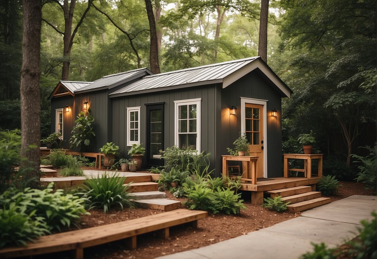 Tiny homes nestled among lush greenery in Greenville, SC. A sense of community as residents gather in outdoor spaces