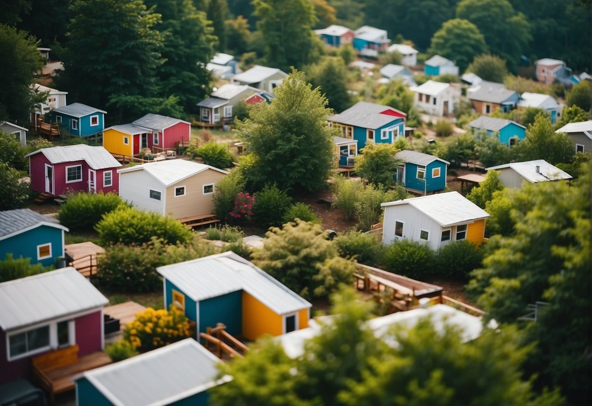 Aerial view of colorful tiny homes nestled among lush greenery in Greenville, SC