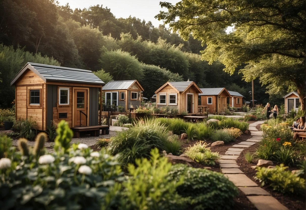 A cluster of tiny homes nestled among lush greenery, with community gardens and communal spaces. A serene atmosphere with residents engaging in outdoor activities and socializing