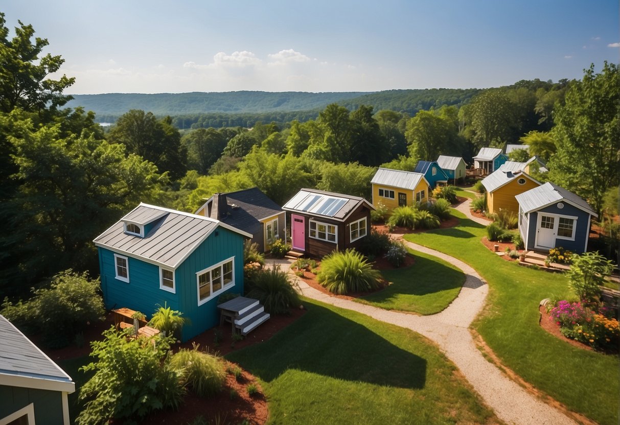 A cluster of colorful tiny homes nestled among lush greenery in a serene community setting, with a backdrop of the picturesque Greenville, SC landscape