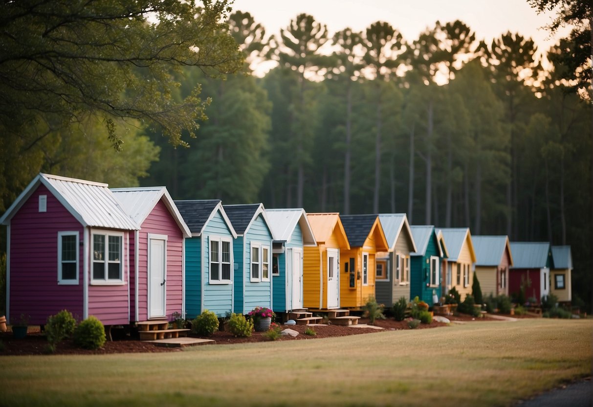 A cluster of colorful tiny homes nestled among tall trees in a serene community in Greer, SC