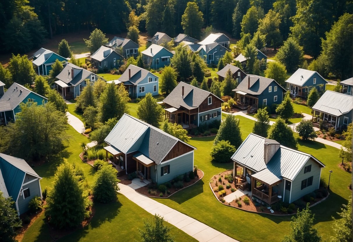 Aerial view of clustered tiny homes in Greer, SC. Lush greenery surrounds the community, with winding paths and communal spaces