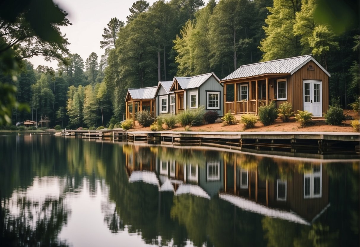 A peaceful lake reflects rows of tiny homes nestled among lush trees in the serene Tiny Home Community in Greer, SC