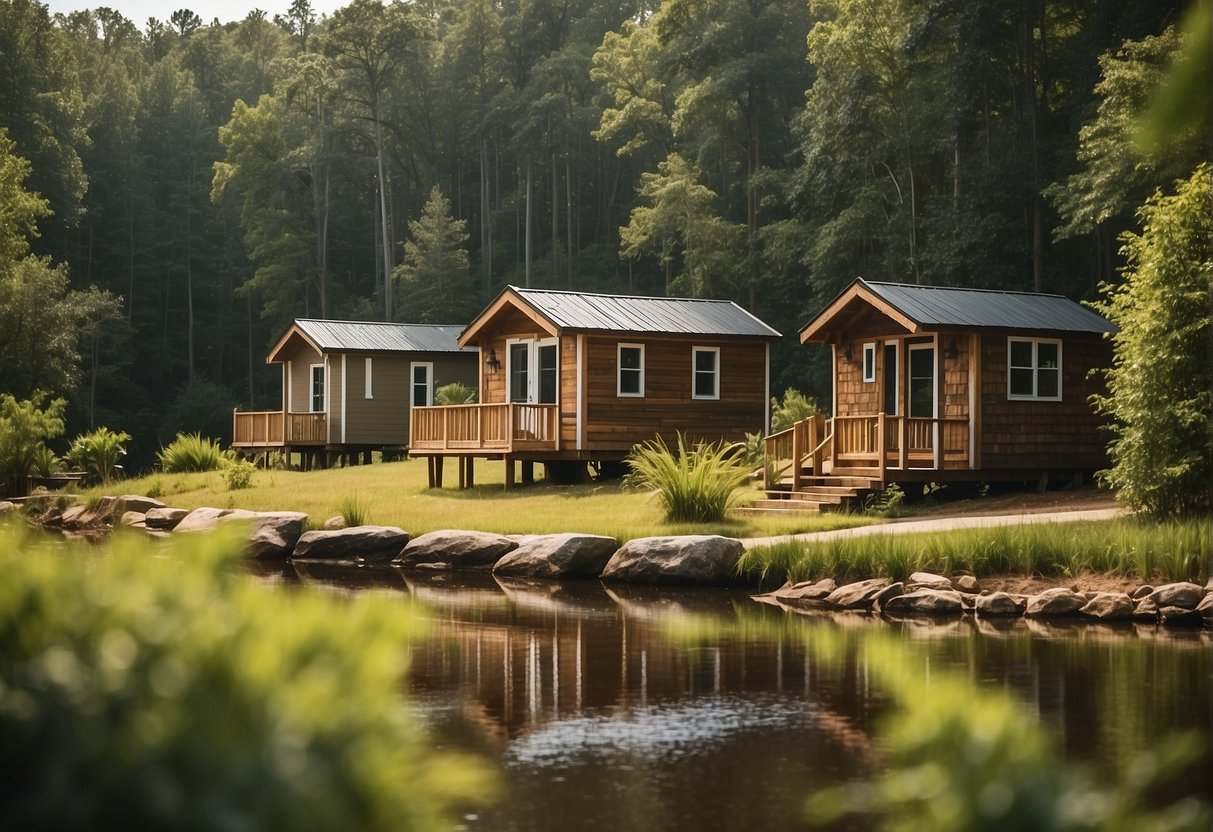 A serene landscape with tiny homes nestled among lush greenery, surrounded by hiking trails, fishing ponds, and communal outdoor spaces in Greer, SC