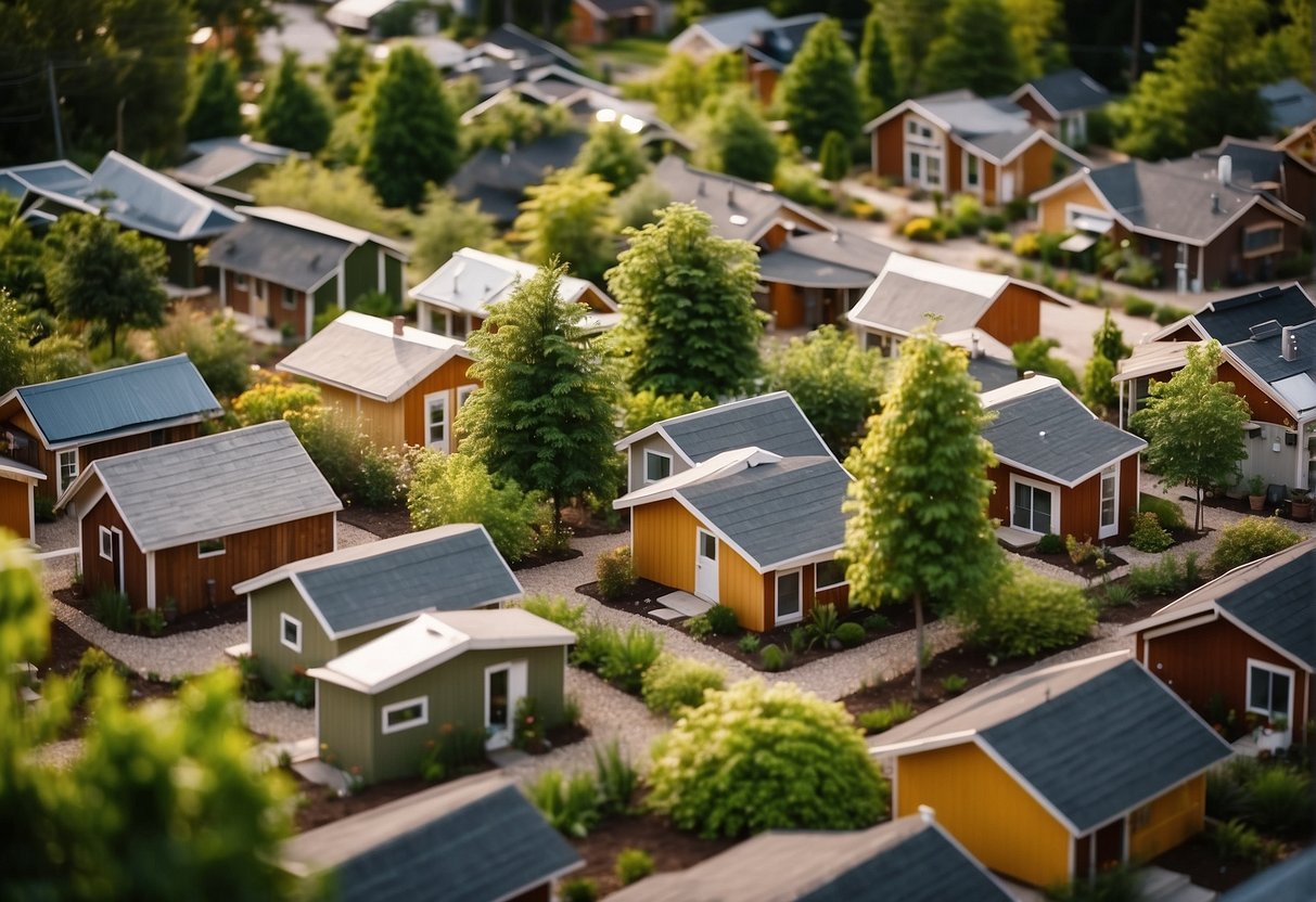 A network of tiny homes surrounded by lush greenery, with paved walkways connecting them. Amenities such as a community center, playground, and garden plots are visible, creating a sense of community and convenience