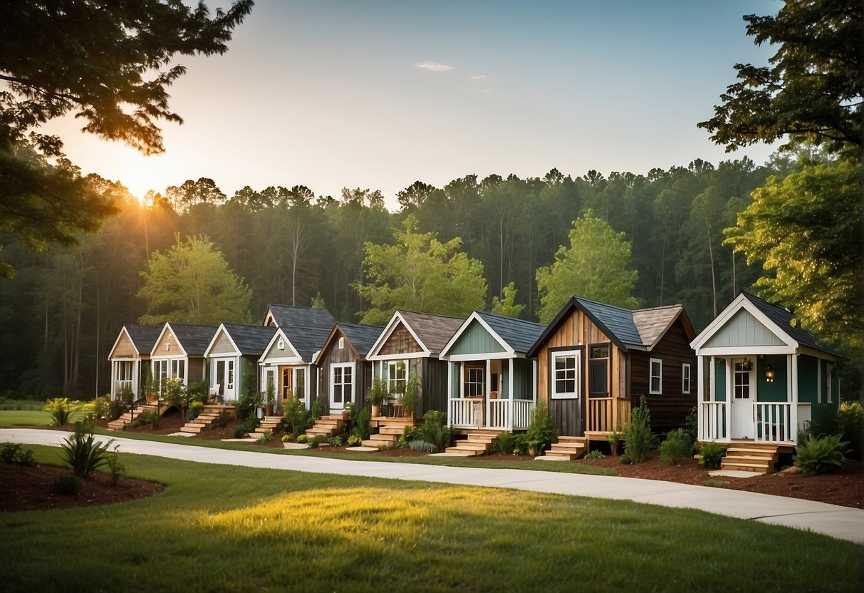 A cluster of tiny homes nestled within a lush, green community in Greer, SC. Each home is uniquely designed and surrounded by nature, creating a peaceful and harmonious living environment