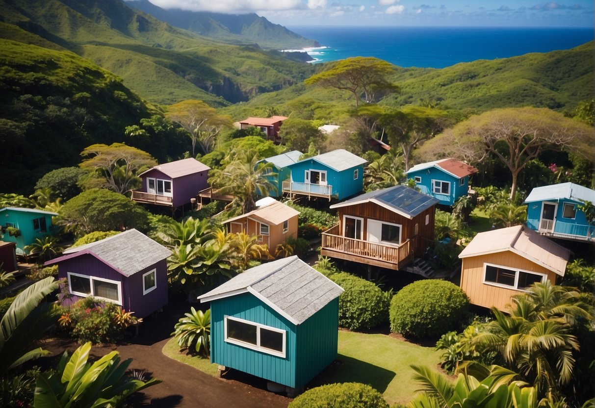 A cluster of colorful tiny homes nestled among lush greenery on the island of Hawaii, with a backdrop of crystal blue waters and swaying palm trees