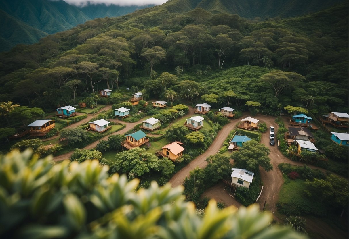 Aerial view of colorful tiny homes nestled among lush greenery in a serene Hawaiian community