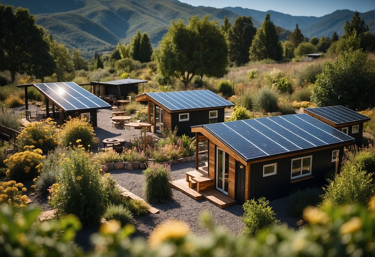 Tiny homes nestled among lush greenery, with communal gardens and solar panels. A central gathering area with a fire pit and seating. Blue skies and mountains in the distance