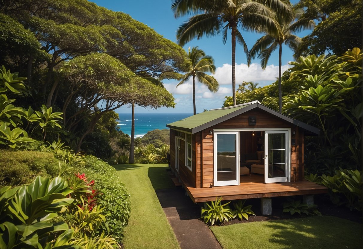 A tiny home nestled among lush greenery in Hawaii, with a clear blue sky overhead and the sound of ocean waves in the distance