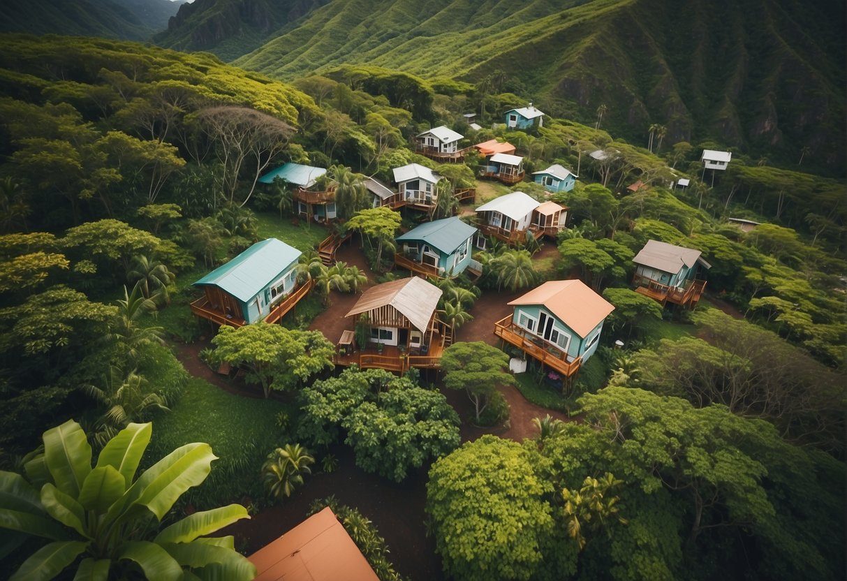 Aerial view of colorful tiny homes nestled among lush greenery on the picturesque landscape of a Hawaiian island