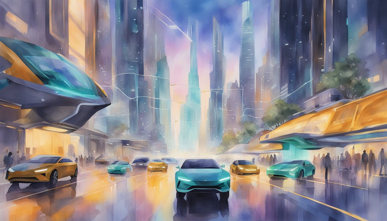 A futuristic cityscape with holographic displays showing the number 2299.</p><p>Flying cars and advanced technology are prevalent in the bustling streets