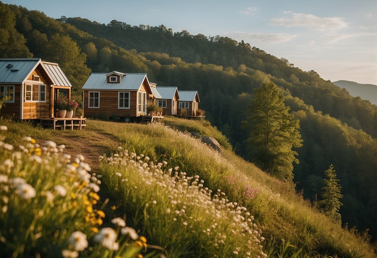 A cluster of tiny homes nestled in the rolling hills of Hendersonville, NC, surrounded by lush greenery and blooming wildflowers