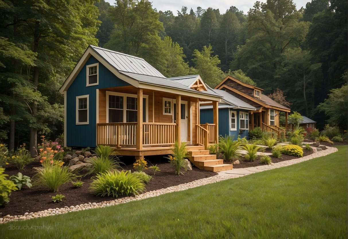 A cluster of tiny homes nestled amongst lush greenery in Hendersonville, NC. Each home is uniquely designed, with vibrant colors and cozy outdoor spaces
