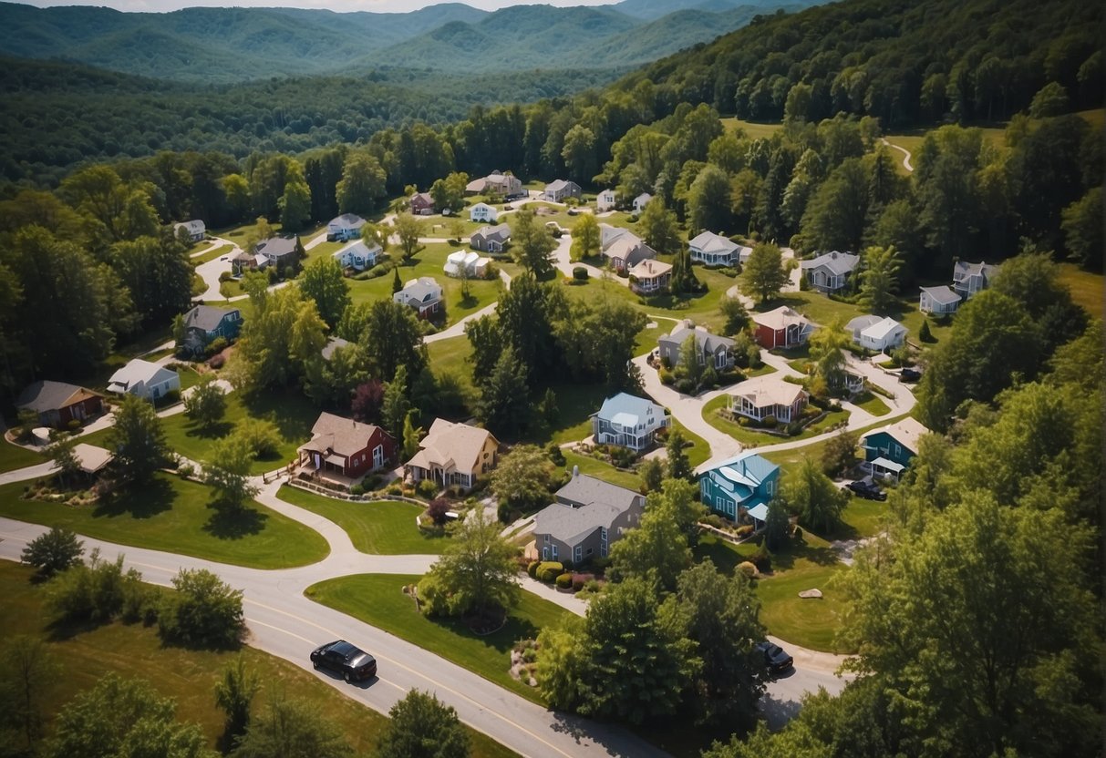 Aerial view of Hendersonville's tiny home communities nestled among lush greenery and rolling hills, with small, colorful homes dotting the landscape