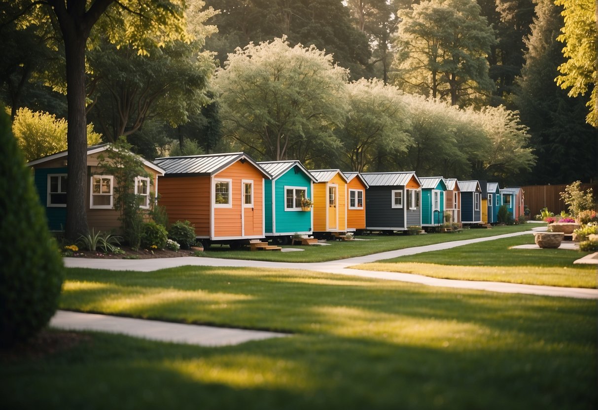 A row of colorful tiny homes nestled among lush green trees, with a central community space and amenities like a pool and outdoor seating
