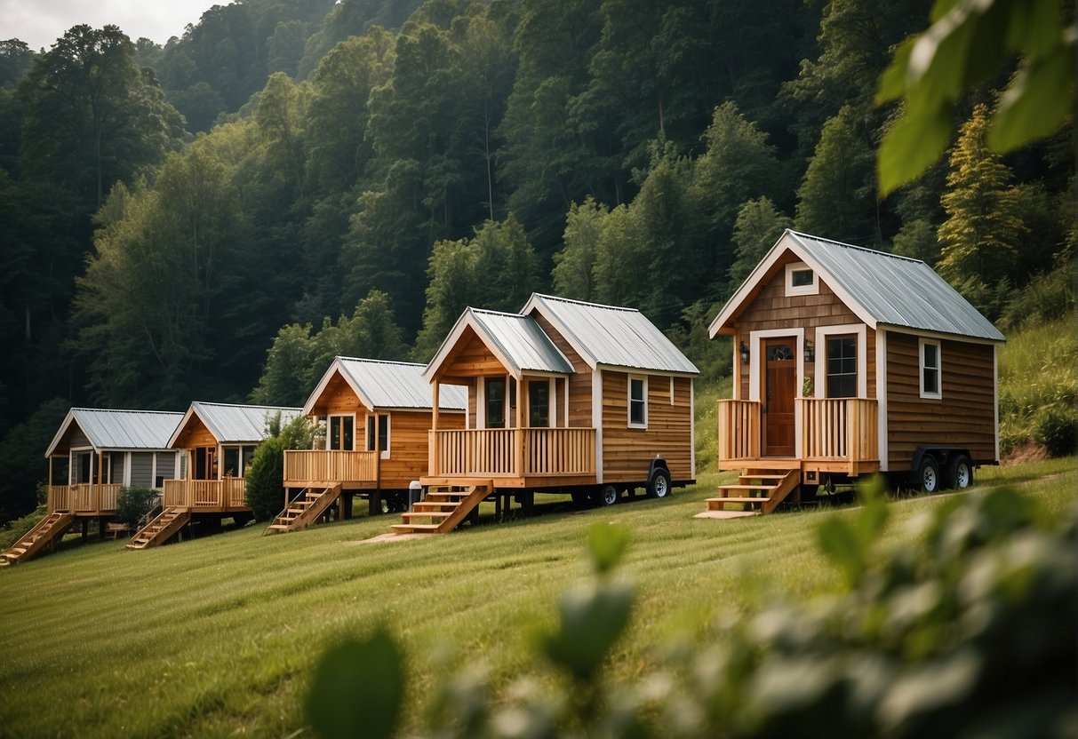 A cluster of cozy tiny homes nestled in the lush, rolling hills of Hendersonville, NC. Accessible pathways wind through the community, connecting each unique dwelling