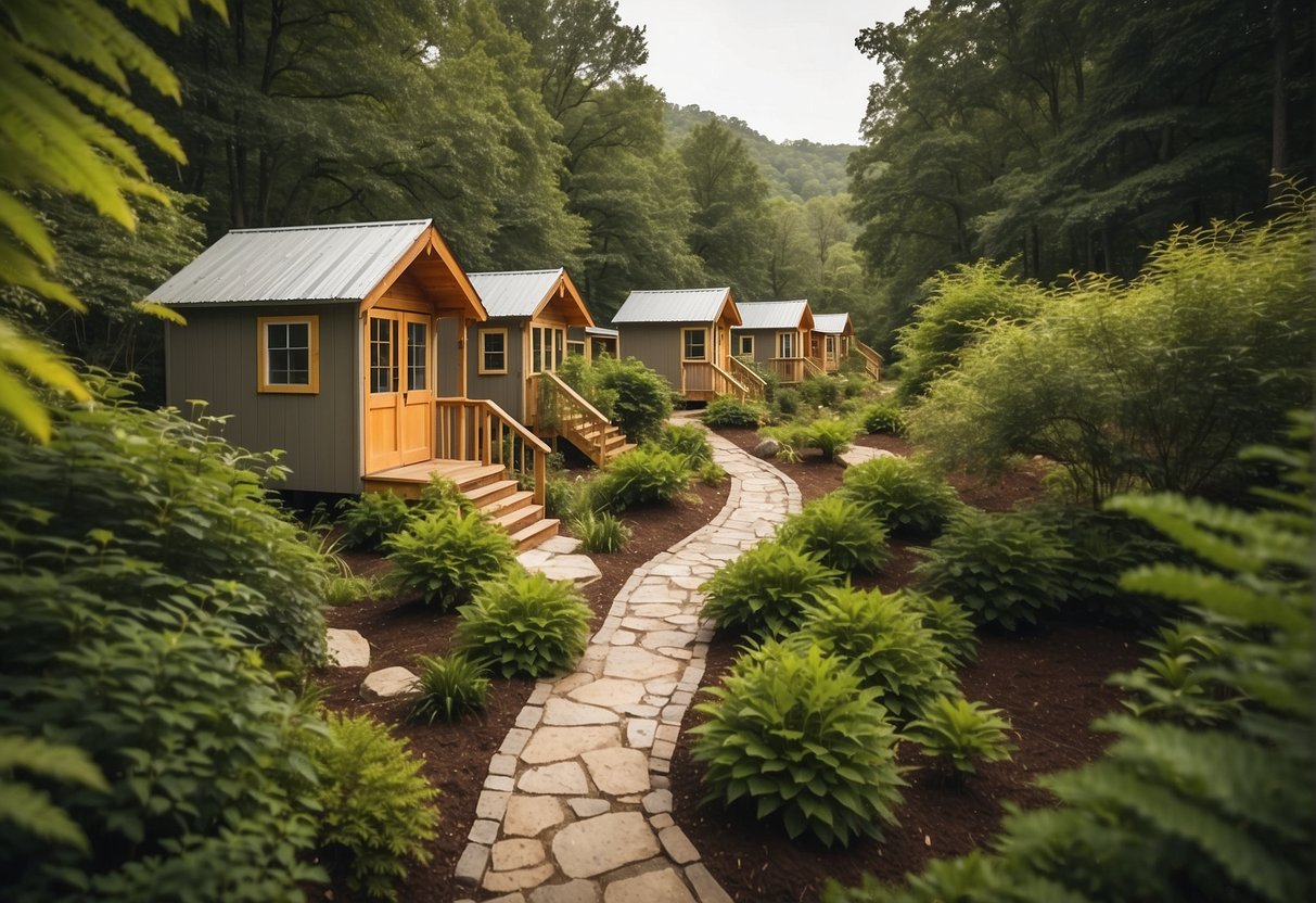 A cluster of tiny homes nestled among the lush greenery of Hendersonville, NC, with winding pathways and communal spaces for residents to gather and connect