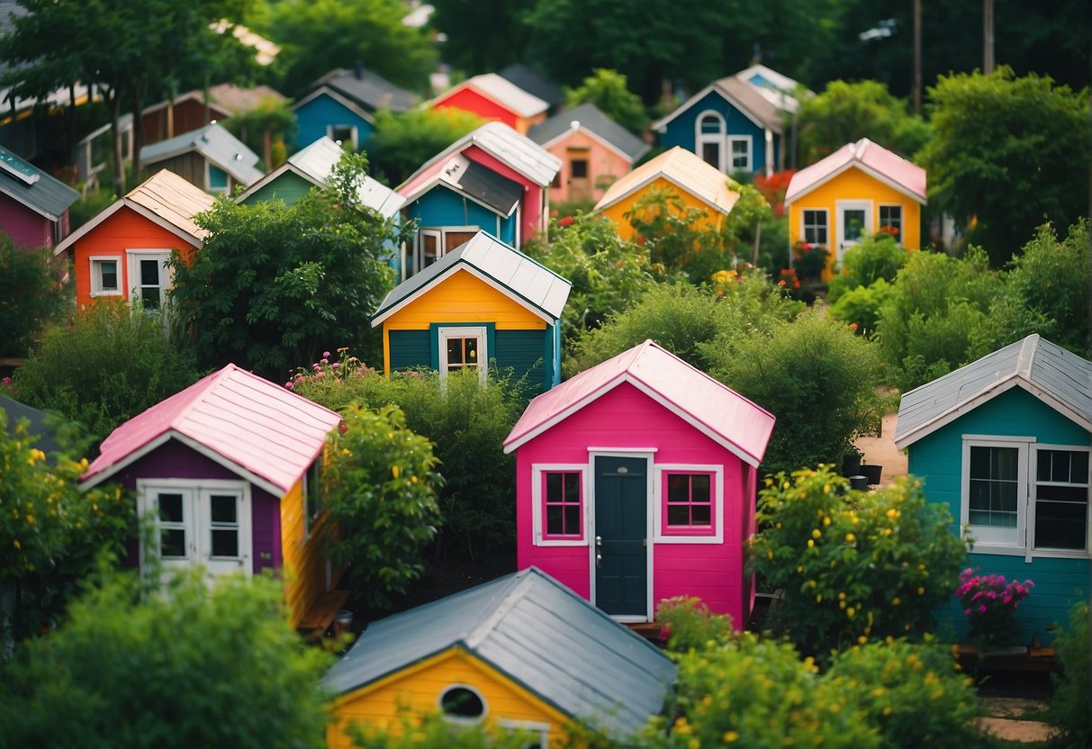 A cluster of colorful tiny homes nestled among lush greenery in a vibrant Houston, Texas community